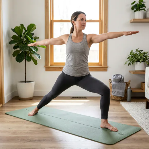 KI-generiertes Amazon-Listing-Bild: Yogamatte in Nutzung im hellen Wohnzimmer