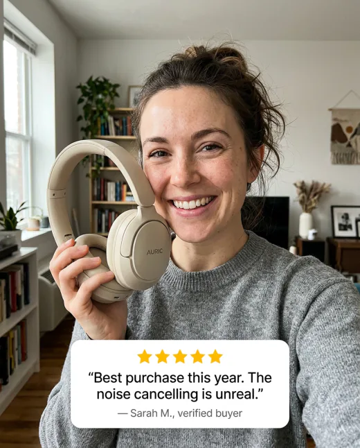 KI-generiertes Social Ad: UGC-Selfie mit Kopfhörern und Review-Karte
