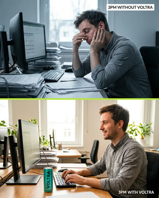 KI-generiertes Social Ad: Problem-Lösung-Split müde vs. energiegeladen