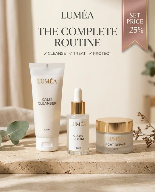 KI-generiertes Social Ad: Skincare-Bundle mit Rabatt-Badge