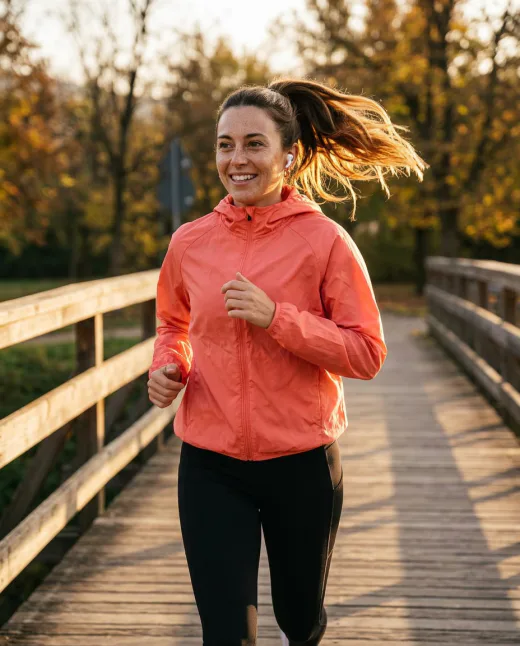 KI-Influencerin beim Laufen zur Golden Hour