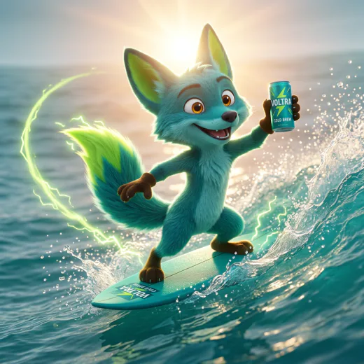 KI-generiertes 3D-Maskottchen: Fuchs surft auf einer Welle mit Markendose
