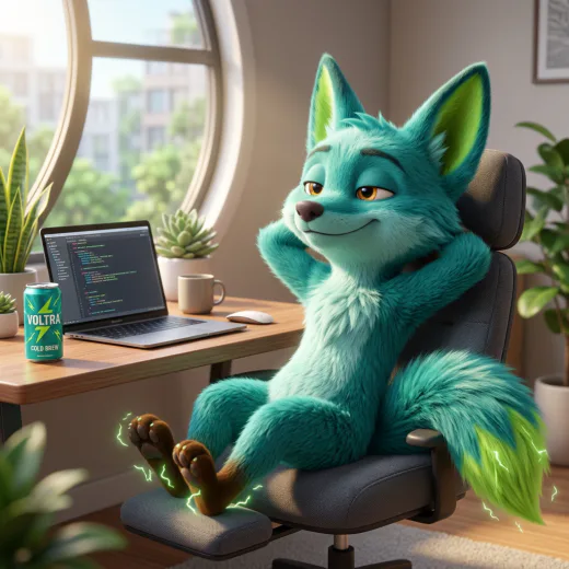 KI-generiertes 3D-Maskottchen: Fuchs macht entspannt Kaffeepause am Schreibtisch
