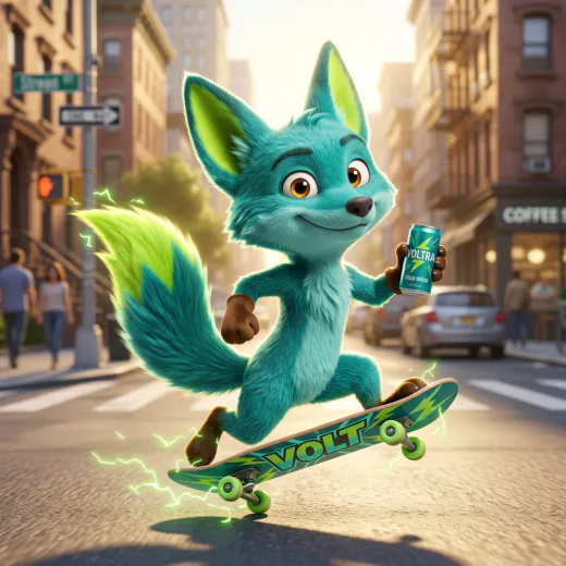 KI-generiertes 3D-Maskottchen: Fuchs fährt Skateboard durch eine Stadt