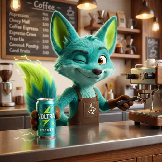 KI-generiertes 3D-Maskottchen: Fuchs als Barista hinter dem Café-Tresen