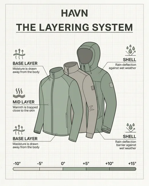KI-generierte Infografik: Layering-System für Outdoor-Bekleidung