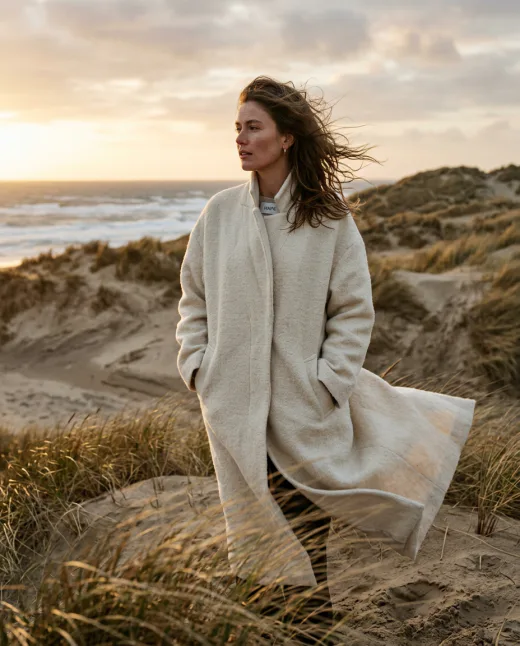 KI-generiertes Editorial-Modelbild: Frau im Wollmantel in Küstendünen bei Golden Hour