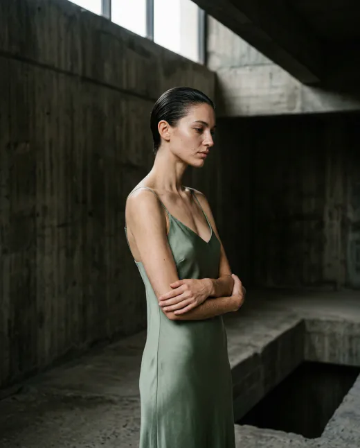 KI-generiertes Editorial-Modelbild: Frau im Seidenkleid im Lichtschacht eines Betonbaus