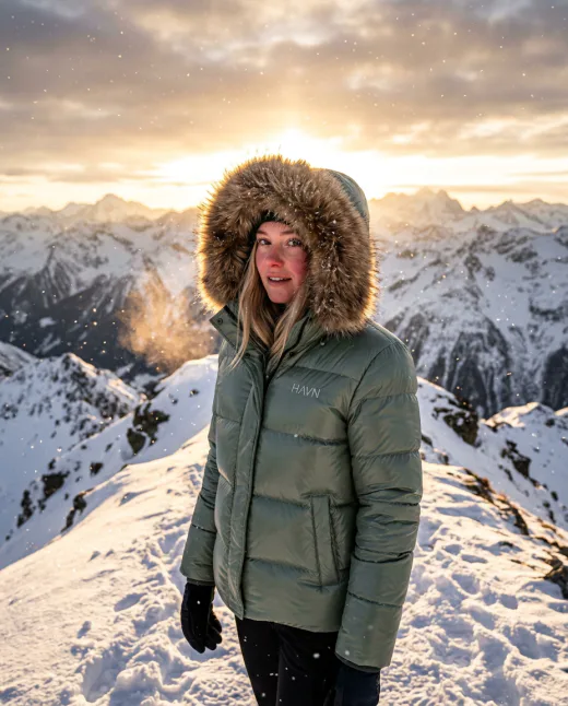 KI-generiertes Editorial-Modelbild: Frau in Pufferjacke im Schnee mit Gegenlicht-Halo