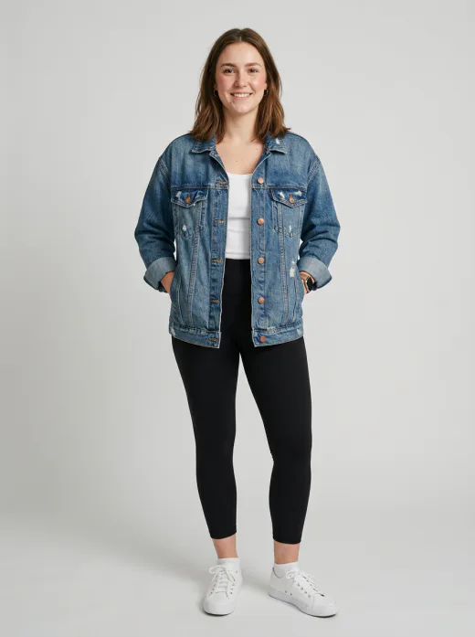 KI-generiertes Shop-Modelbild: Alltagslook mit Jeansjacke und Leggings im Studio