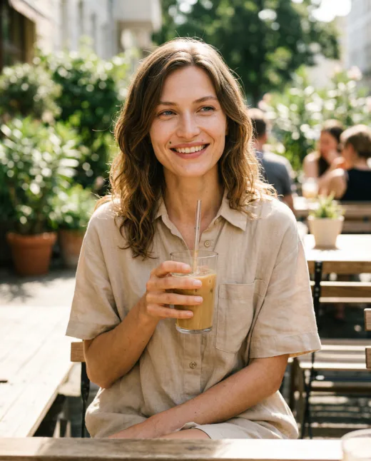 KI-generiertes Modelbild: Sommerlicher Leinen-Hemdblusenlook im Café