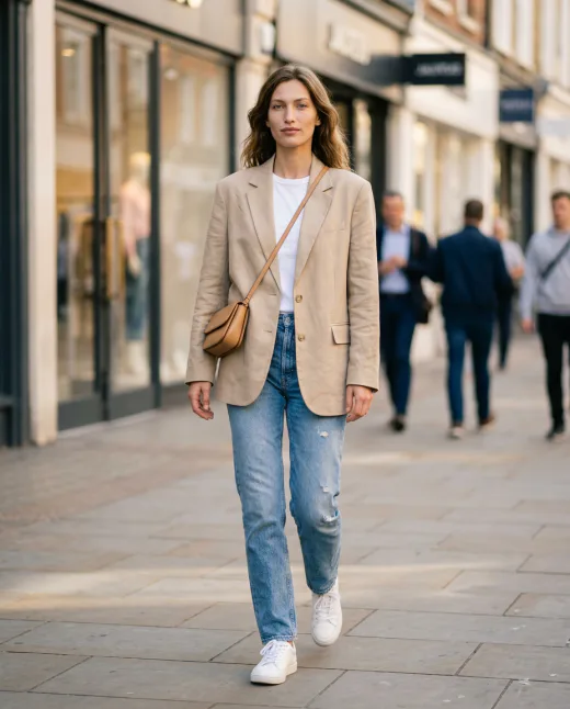 KI-generiertes Modelbild: Alltagslook mit Blazer, Jeans und Sneakern auf der Straße