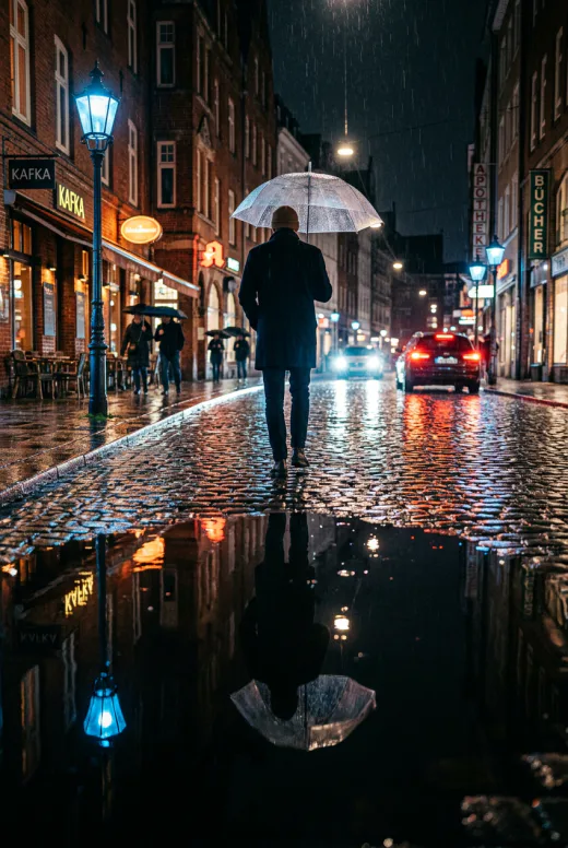 KI-generiertes Moodbild: Regennasse Straße mit Spiegelungen bei Nacht