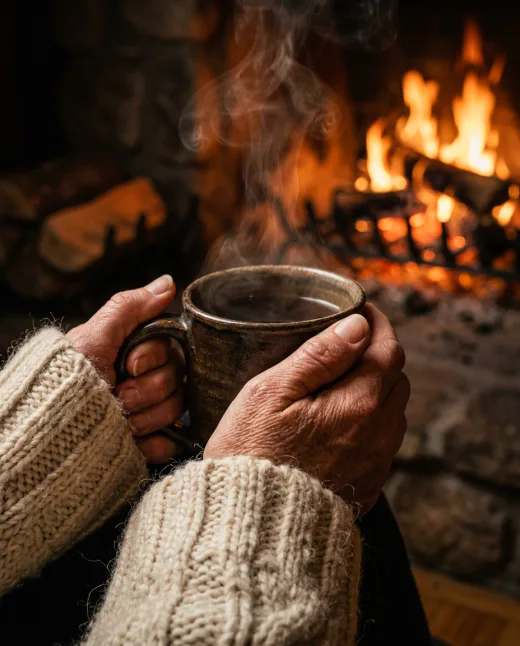 KI-generiertes Moodbild: Hände mit Tasse am Kaminfeuer, Strick-Detail