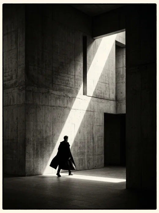 KI-generiertes Moodbild: Silhouette in brutalistischem Beton-Korridor