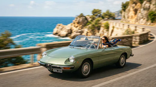KI-generiertes Moodbild: Vintage-Cabrio auf Küstenstraße, Mitzieher mit Bewegungsunschärfe