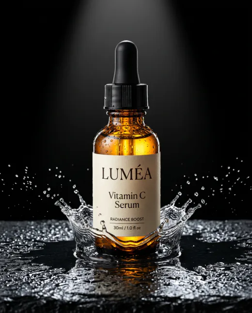KI-generiertes Produktbild: Serum-Flasche mit Wasser-Splash auf schwarzem Schiefer