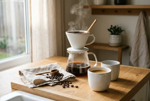 KI-generiertes Produktbild: Keramik-Kaffeeset im Japandi-Stil mit Dampf