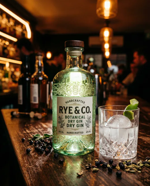 KI-generiertes Produktbild: Gin-Flasche mit Prägung im Bar-Gegenlicht